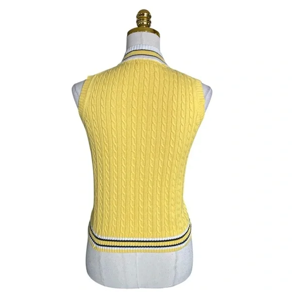 Brooks Brothers Women’s Yellow Cable Knit Tennis V-Neck Vest Sweater Cotton Sz M - Picture 7 of 9